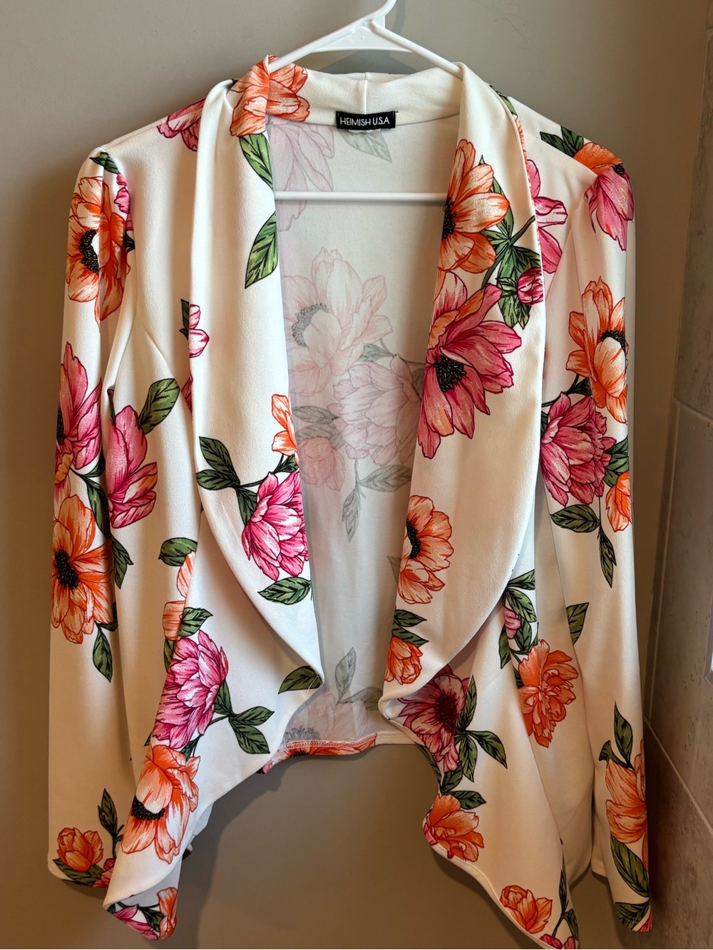 HEIMISH USA White Floral Draped Blazer with Pink & Orange Blooms